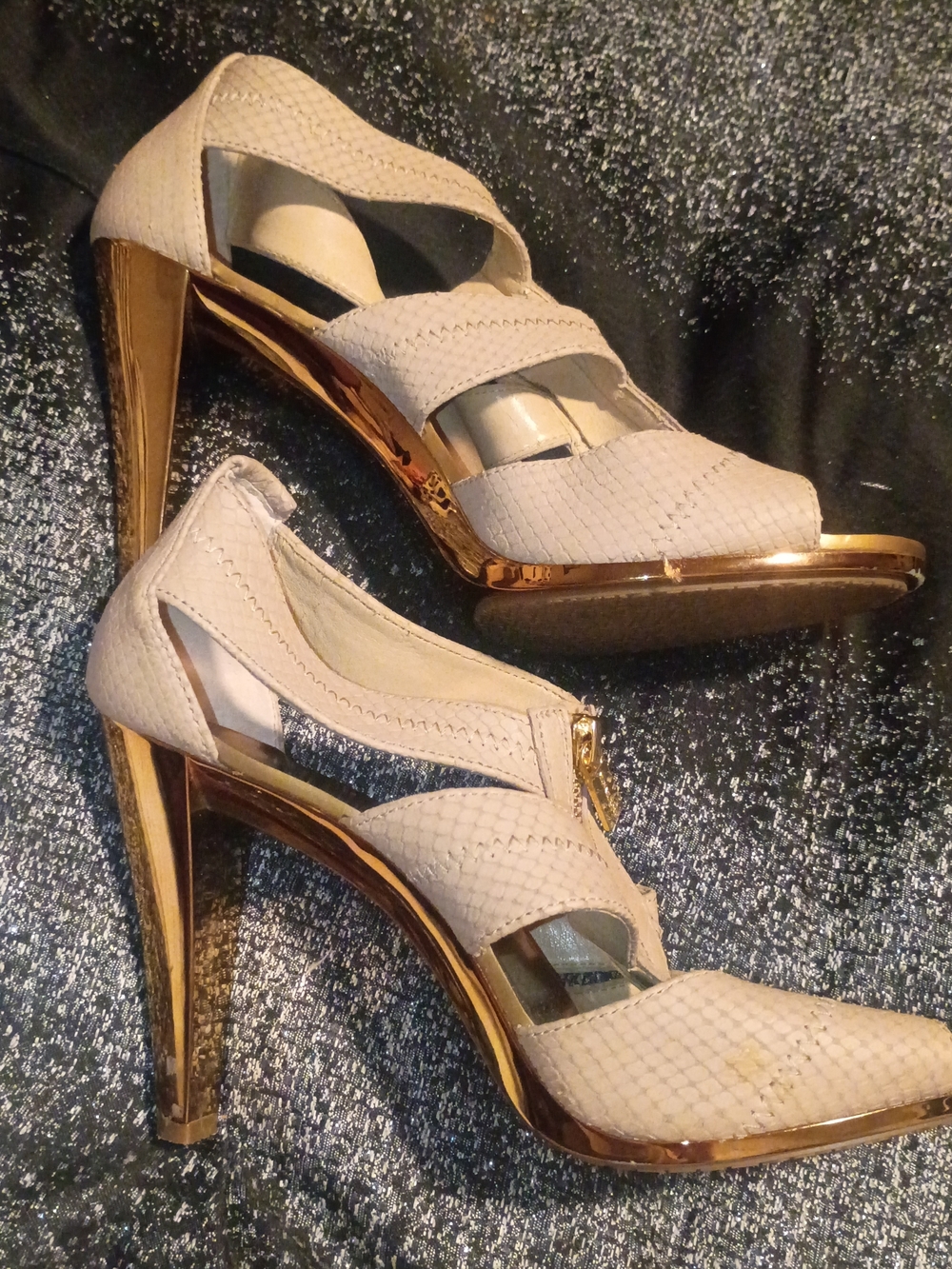 MICHAEL Michael Kors Cream and Gold Berkely Tstrap High Heel Pumps
